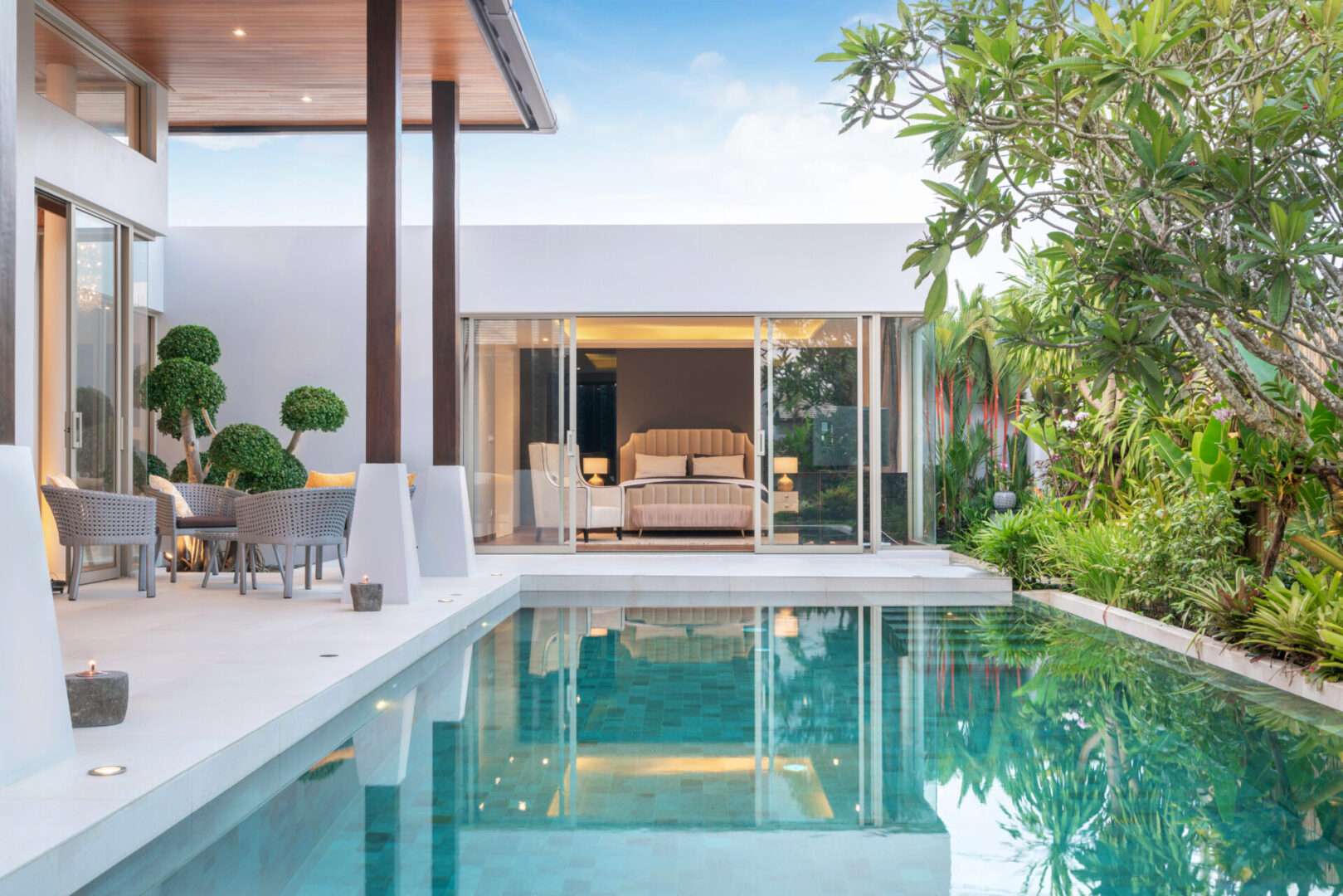 home or house building Exterior and interior design showing tropical pool villa with green garden and bedroom